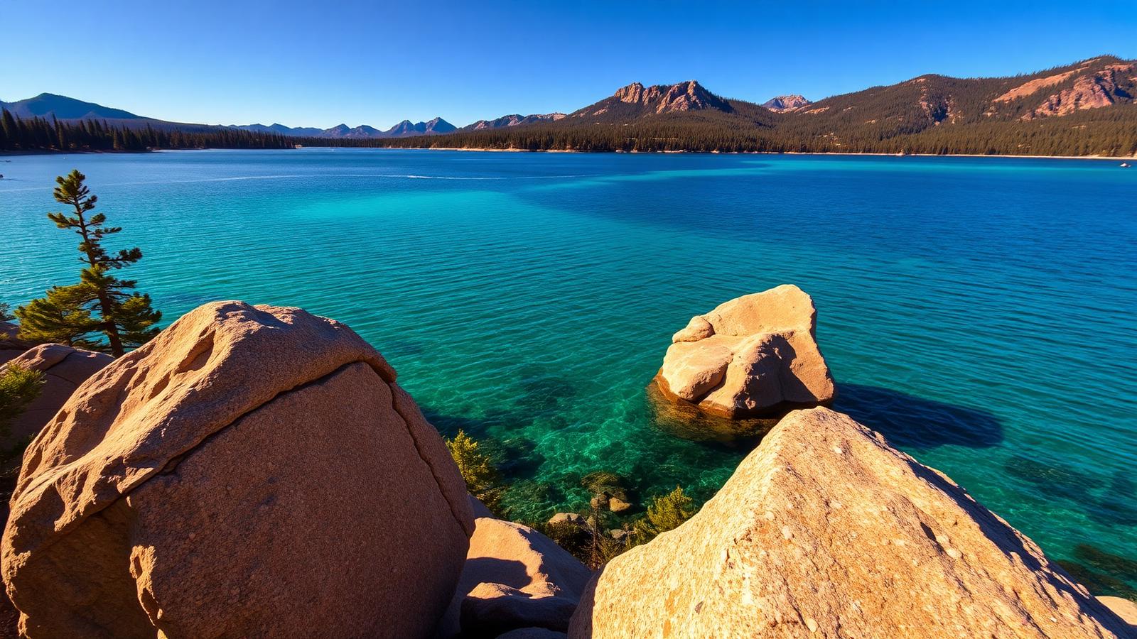 Turquoise waters of Lake Tahoe between granite boulders at golden hour